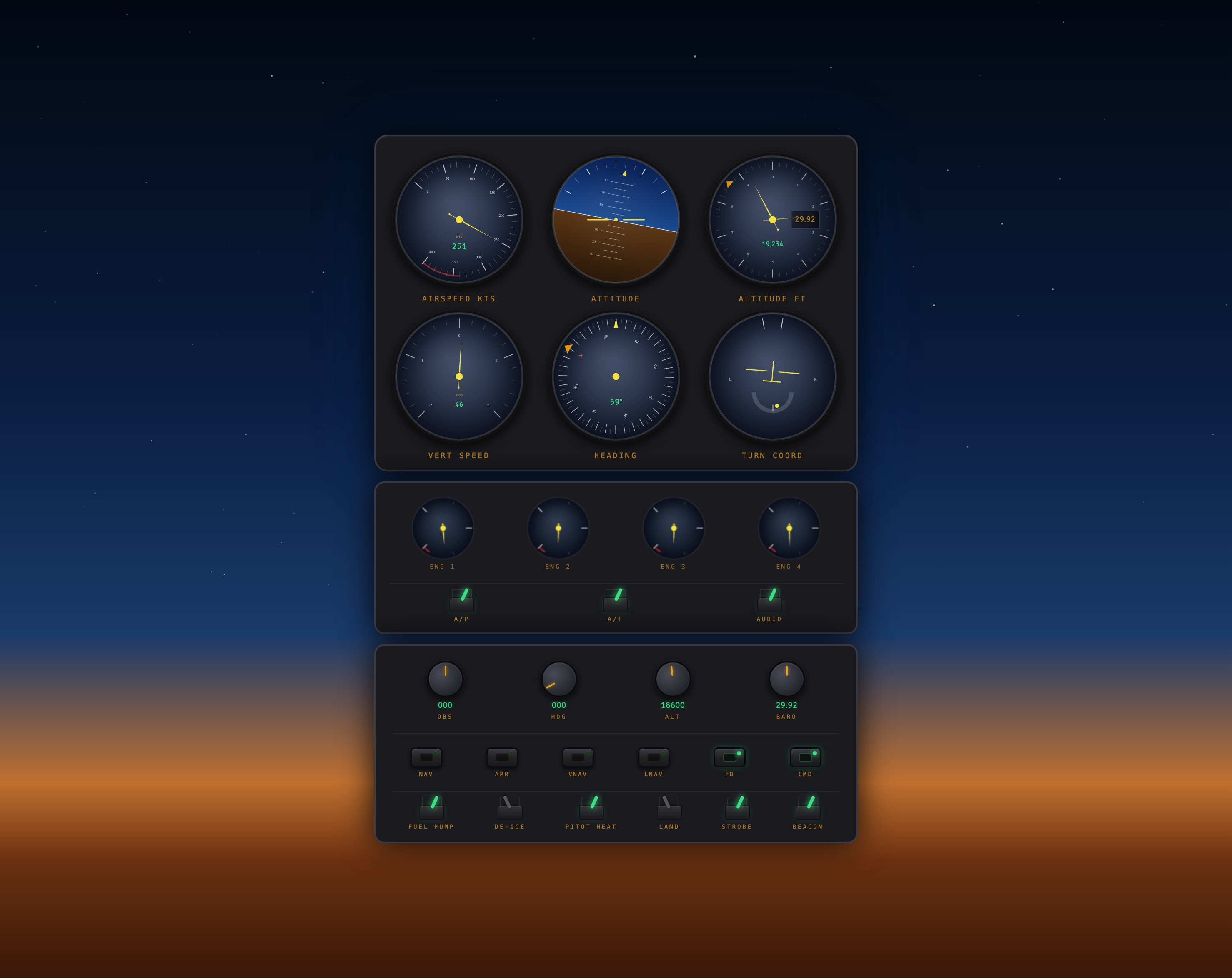 I wanted an aviation-themed new browser tab page, so I created one. It has pseudo-live instruments as well as knobs and switches to fidget with. And -- as a true pièce de résistance -- it also has engine sound. The source code is available on my self-hosted Forgejo instance at https://forgejo.tavuk.xyz/dmpop/flyv